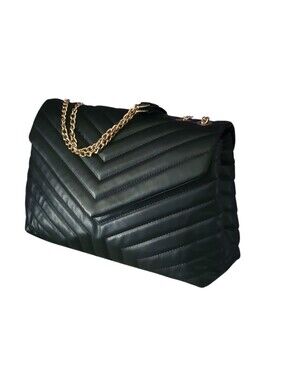 Quilted Chevron Chain Shoulder Bag - Black